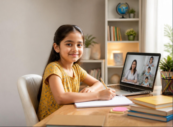 A child presenting her drawing to classmates and a teacher