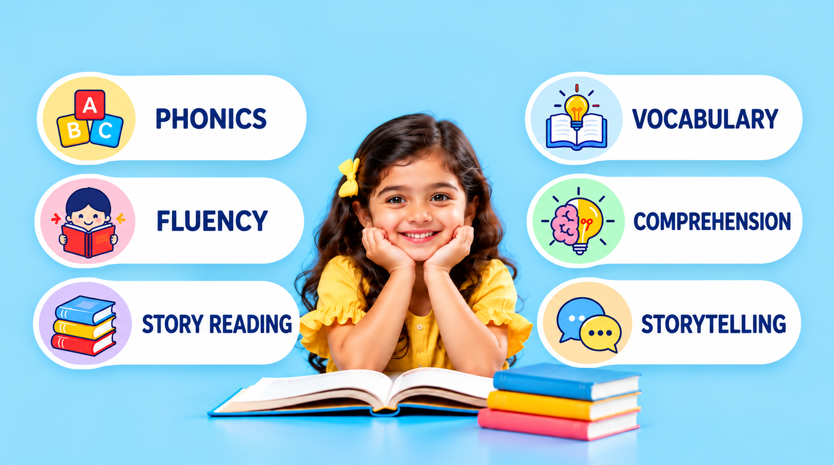 Raising Confident Readers skills: phonics, vocabulary, fluency, comprehension, story reading and storytelling