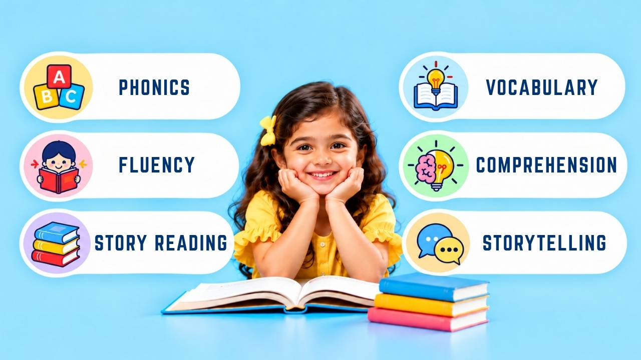 Raising Confident Readers skills: phonics, vocabulary, fluency, comprehension, story reading and storytelling